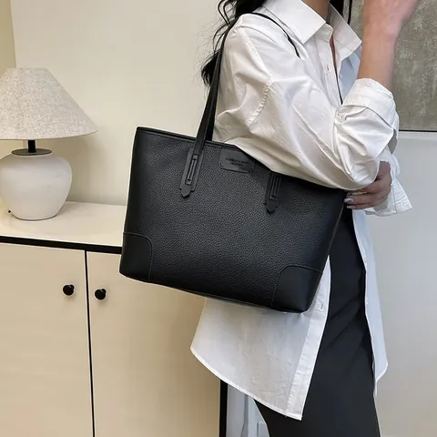 Bolso de Mano de Gran Capacidad para Mujer Cuero de PU Patrón de Lichi Color de Contraste Bolso de Hombro Vintage Diario y Compras