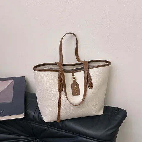 Sac Cabas Femme Grande Capacité Minimaliste en Cuir PU Motif Litchi Sac à Épaule Trajet Travail Shopping Mode