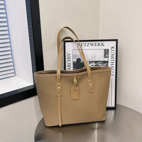 Sac Cabas Femme Grande Capacité Minimaliste en Cuir PU Motif Litchi Sac à Épaule Trajet Travail Shopping Mode