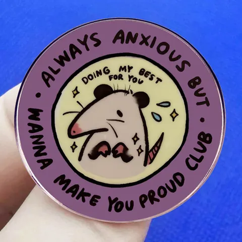 Cartoon Opossum Always Anxious Proud Club Enamel Pin Round Alloy Brooch Badge Motivational Jewelry For Backpack Clothes Decoration
