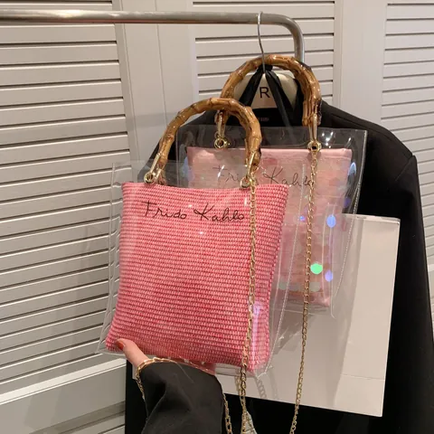 Fashion Transparent PVC Bamboo Handle Tote Bag For Women With Inner Bag Sequin Woven Design Crossbody Handbag Vacation Shoulder Bag