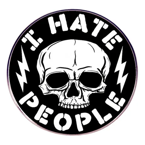 Spilla Rotonda in Lega Bianca e Nera Minimalista Con Teschio e Fulmine Scritta I Hate People Distintivo in Stile Punk