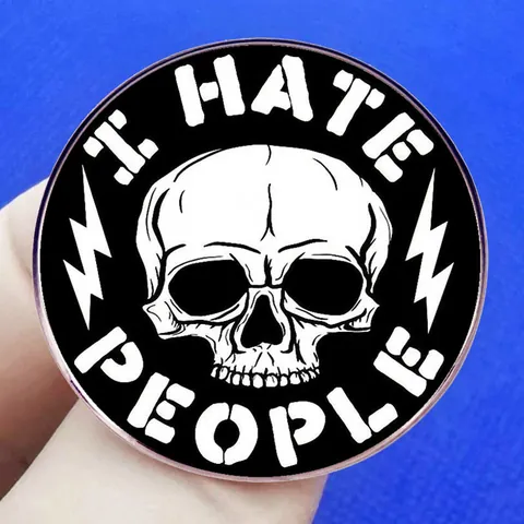 Spilla Rotonda in Lega Bianca e Nera Minimalista Con Teschio e Fulmine Scritta I Hate People Distintivo in Stile Punk