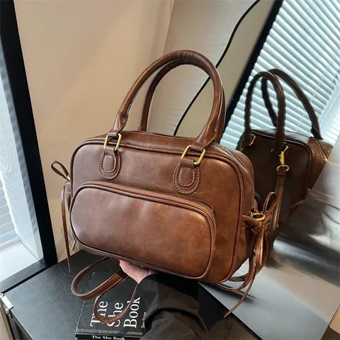 Borsa a Mano da Donna in Pelle PU Vintage Borsa Boston Retrò Grande Capacità Borsa a Tracolla per Ufficio Quotidiano