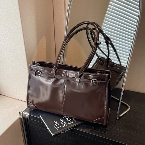 Vintage Große Kapazität Glänzende PU Leder Tote Bag Für Damen Retro Achsel Umhängetasche Pendler Büro Dame Handtasche