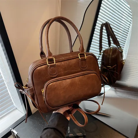 Borsa a Mano da Donna in Pelle PU Vintage Borsa Boston Retrò Grande Capacità Borsa a Tracolla per Ufficio Quotidiano