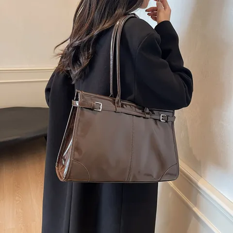Vintage Große Kapazität Glänzende PU Leder Tote Bag Für Damen Retro Achsel Umhängetasche Pendler Büro Dame Handtasche