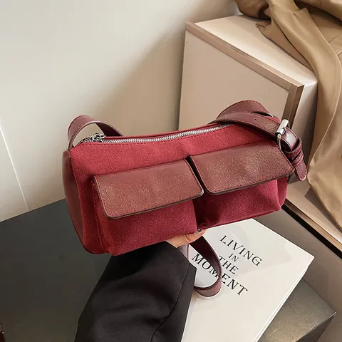 Borsa Baguette Vintage in Pelle Scamosciata e PU Patchwork Per Donna Borsa a Spalla alla Moda con Doppie Tasche Anteriori