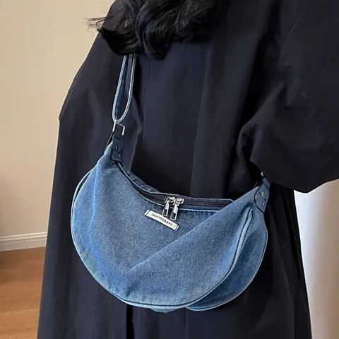 Sac à Épaule Croissant en Denim Lavé Vintage pour Femmes Style Décontracté Sac Bandoulière Avec Sangle Réglable Sac Hobo