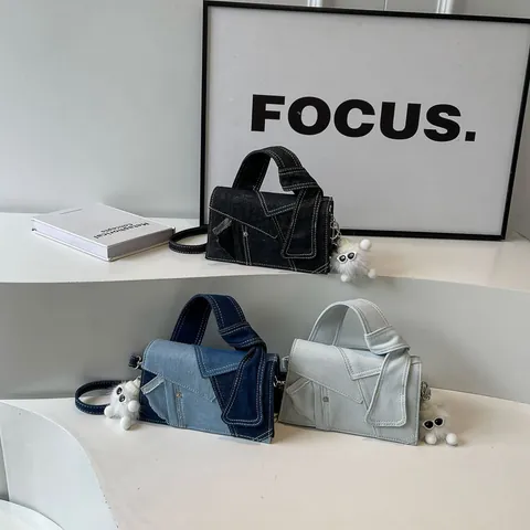 Women Denim Crossbody Bag Casual Patchwork Shoulder Bag Chic Small Square Handbag Daily Commuter Bag With Plush Pendant