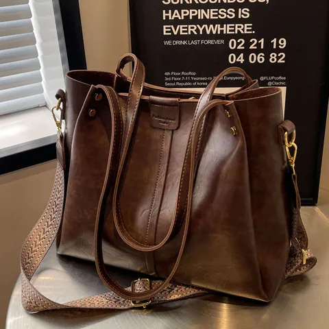 Vintage PU Leder Tragetasche Mit Großer Kapazität Für Damen Minimalistische Pendler Umhängetasche Mit Geometrischem Webband