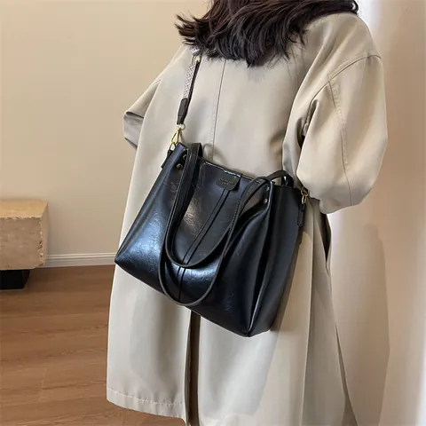 Vintage PU Leder Tragetasche Mit Großer Kapazität Für Damen Minimalistische Pendler Umhängetasche Mit Geometrischem Webband