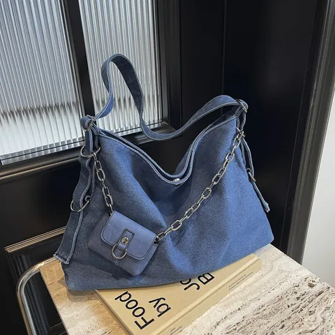 Dames Grote Capaciteit Gewassen Denim Tote Tas Met Metalen Ketting Decoratieve Hobo Schoudertas En Mini Pouch Set
