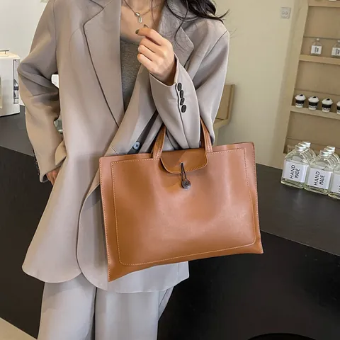 Minimalist PU Leather Tote Bag For Women Large Capacity Solid Color Handbag Vintage Office Commuter Top Handle Work Purse