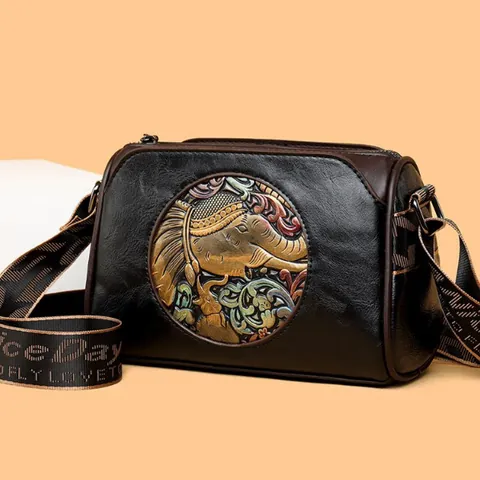 Vintage Ethnische Elefant Prägung PU Leder Umhängetasche Für Damen Breit Schultergurt Mode Blumenmuster Kleine Tasche