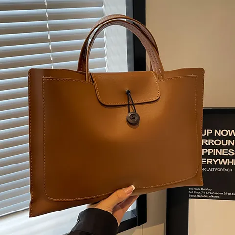 Minimalist PU Leather Tote Bag For Women Large Capacity Solid Color Handbag Vintage Office Commuter Top Handle Work Purse