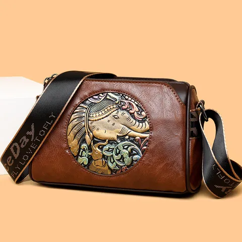 Vintage Ethnische Elefant Prägung PU Leder Umhängetasche Für Damen Breit Schultergurt Mode Blumenmuster Kleine Tasche