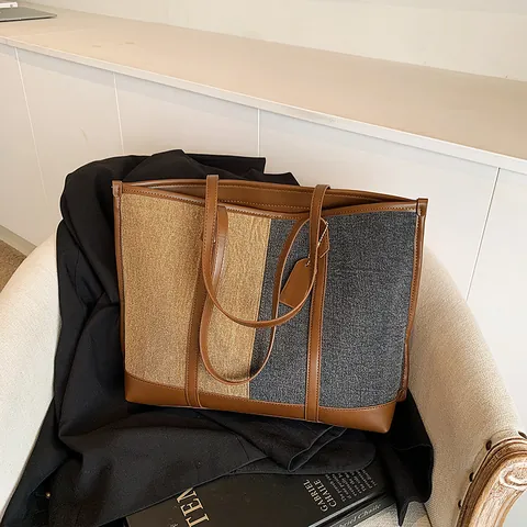Bolso de Mano de Gran Capacidad para Mujer Con Empalme de Bloques de Color en Cuero PU y Tela Bolso de Hombro Moda Trabajo