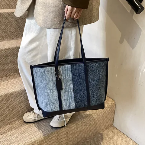 Bolso de Mano de Gran Capacidad para Mujer Con Empalme de Bloques de Color en Cuero PU y Tela Bolso de Hombro Moda Trabajo