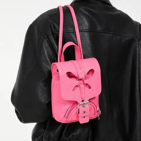 Women Mini PU Leather Backpack Butterfly Cutout Fashion Shoulder Bag Lychee Pattern Handbag For Daily Travel Casual Bag