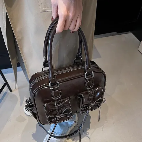 Vintage Bow Handbag For Women PU Leather Multipurpose Backpack Shoulder Bag Pleated Shiny Satchel Purse Daily Fashion Bag