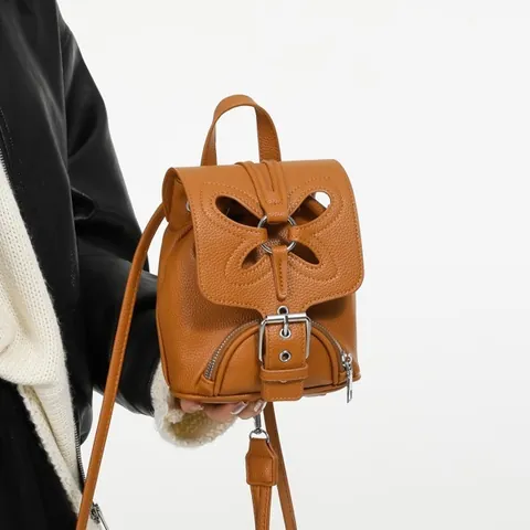 Women Mini PU Leather Backpack Butterfly Cutout Fashion Shoulder Bag Lychee Pattern Handbag For Daily Travel Casual Bag