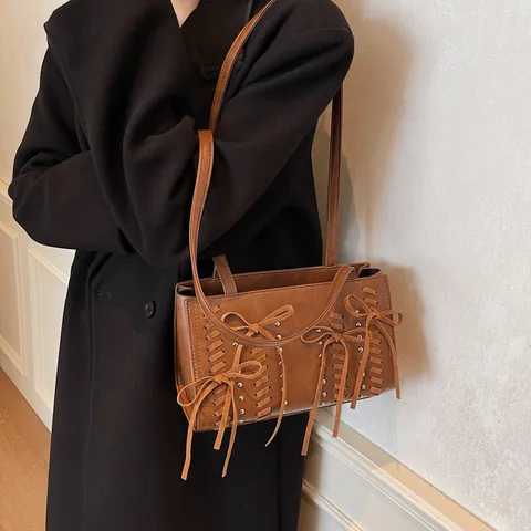 Retro PU Leather Underarm Bag With Bow Rivet Details Casual Daily Shoulder Bag For Women Fashion Solid Color Tote Bag