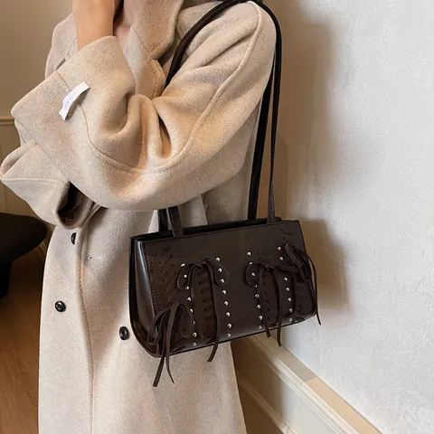 Retro PU Leather Underarm Bag With Bow Rivet Details Casual Daily Shoulder Bag For Women Fashion Solid Color Tote Bag