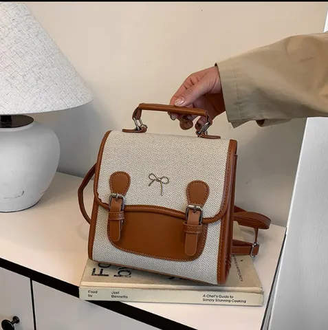 Women's Preppy Style Canvas PU Leather Colorblock Small Backpack Vintage Fashion Handbag Crossbody Bag With Bow Decor Travel Bag