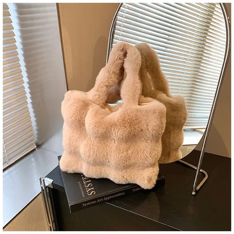 Large Capacity Faux Fur Tote Bag For Women Winter Soft Plush Shoulder Bag Fluffy Handbag Casual Fashion Commuter Bag