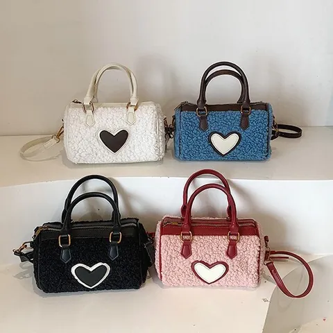 Dames Mode Imitatiebont Hart Patroon Boston Tas Zoete Cilindrische Handtas Pluche Contrastkleur PU Handvat Schoudertas Crossbody Tas