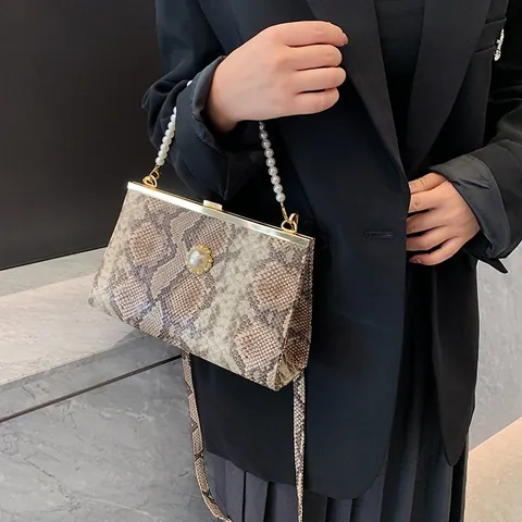 Sac à Main Carré Vintage Motif Serpent Poignée Perle Mode Femme Polyvalent Sac à Bandoulière Rétro Motif Animal Pochette