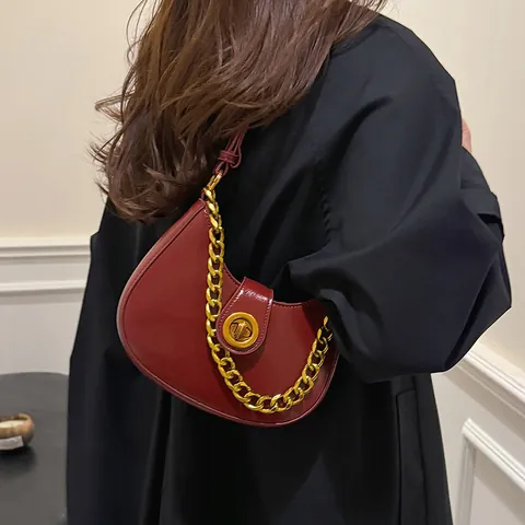 Women Crescent Shoulder Bag Retro PU Leather Underarm Bag With Gold Chunky Chain Turn-lock Crossbody Handbag For Daily Work