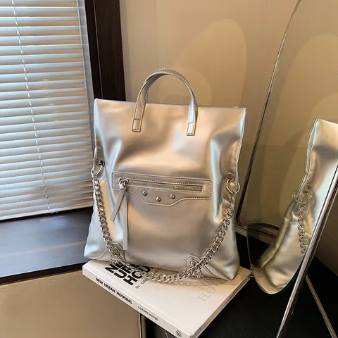 Women's Metallic PU Leather Multi-functional Backpack Tote Shoulder Bag With Chain Studs Casual Streetwear Travel Fashion Bag