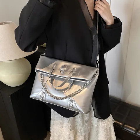Women's Metallic PU Leather Multi-functional Backpack Tote Shoulder Bag With Chain Studs Casual Streetwear Travel Fashion Bag