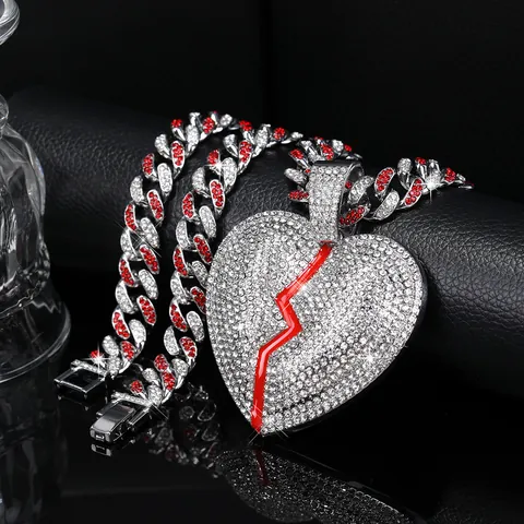 Collier avec Pendentif Cœur Brisé Hip Hop Iced Out pour Hommes Femmes Alliage Strass Chaîne à Mailles Cubaines Bijoux de Mode