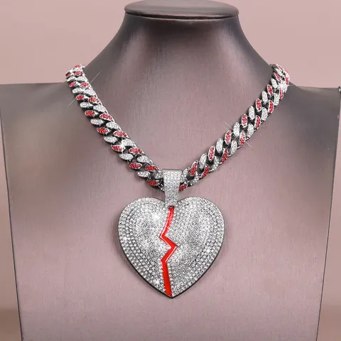 Collier avec Pendentif Cœur Brisé Hip Hop Iced Out pour Hommes Femmes Alliage Strass Chaîne à Mailles Cubaines Bijoux de Mode