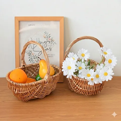 Cesto in Salice Intrecciato a Mano Con Manico Pastorale Rurale Picnic Frutta Conservazione Fiori Cesto Decorativo Naturale