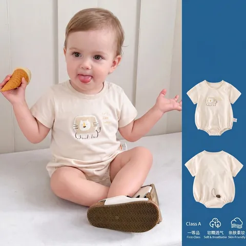 Baby Cotton Short Sleeve Romper Cute Cartoon Lion Happy Print Summer Jumpsuit For Toddler Infant Playwear Class A Quality