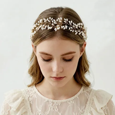 Copricapo Sposa Fatto a Mano Perla Artificiale Vite per Capelli Foglia d'Oro Doppio Strato Cerchietto Con Nastro Gioielli Donna