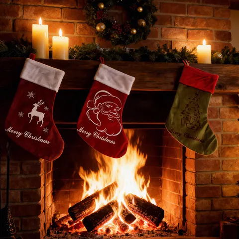 Chaussette de Noël Pour Décoration Maison Brodée Renne Père Noël Sapin de Noël Aspect Lin Polyester Chaussette Suspendue