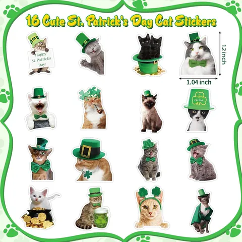 St Patrick's Day Cat Stickers Roll Cartoon Shamrock Green Hat Lucky Cat Waterproof Kraft Paper Decorative Decals For Kids Party Gift Envelope Seals