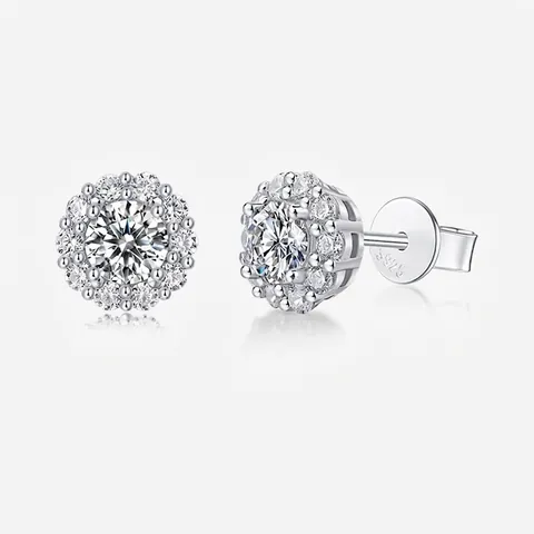 Orecchini a Bottone in Moissanite Argento Sterling S925 Design Halo Tondo Con Perno in Argento 925 Gioielli Donna