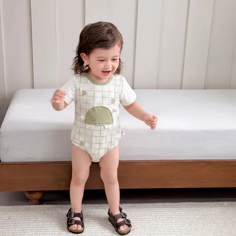 Barboteuse d'Été en Coton à Manches Courtes pour Nouveau-Né Respirant à Carreaux avec Appliqué Cartoon pour Nourrissons