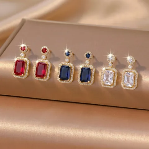 Boucles Oreilles Clous Strass Rectangle Vert Émeraude Rétro Bijoux Alliage Or Géométrique Vintage Pour Femmes Style Élégant