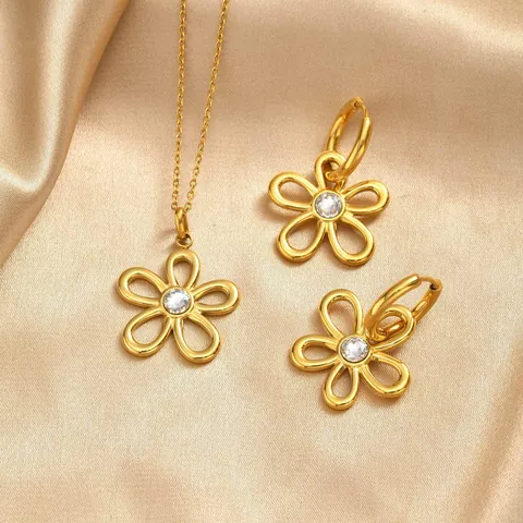 Niche Design Stainless Steel Hollow Flower Hoop Earrings Gold Rhinestone Floral Stud Earrings For Women Daily Jewelry