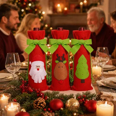 Christmas Wine Bottle Covers Felt Santa Reindeer Tree Patterns With Bow Ribbon Festive Holiday Table Decor Gifts