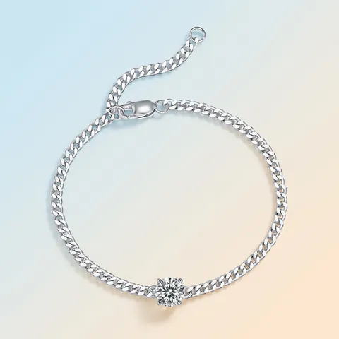 Bracciale in Argento Sterling 925 con Moissanite Catena Cubana da Donna Elegante Pietra Preziosa Tonda Quadrata Regolabile