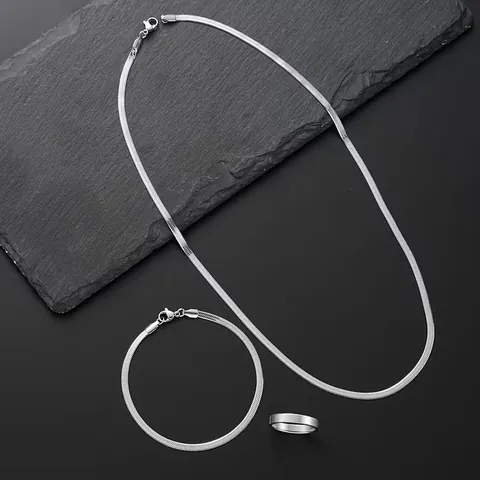 Minimalistische Roestvrijstalen Platte Slangenketting Ketting Armband Gepolijste Band Ring Unisex Sieradenset Cadeau
