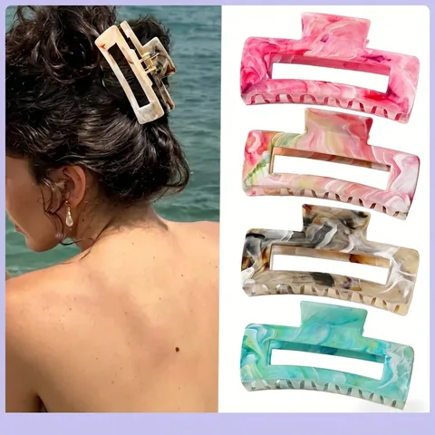 Rectangle Marble Pattern Hair Claw Clip Large Geometric ABS Lacquered Hair Accessory Non Slip Shark Clip For Women
